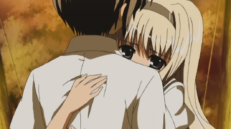 Hinata hugging Takuma while staring at Hayami